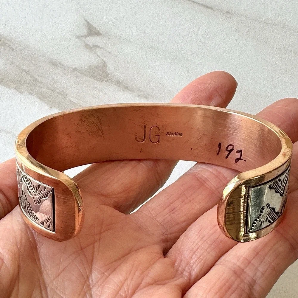 Mens Navajo Sterling Copper Cuff Bracelet 7.5in Signed Heavy 90g Native American